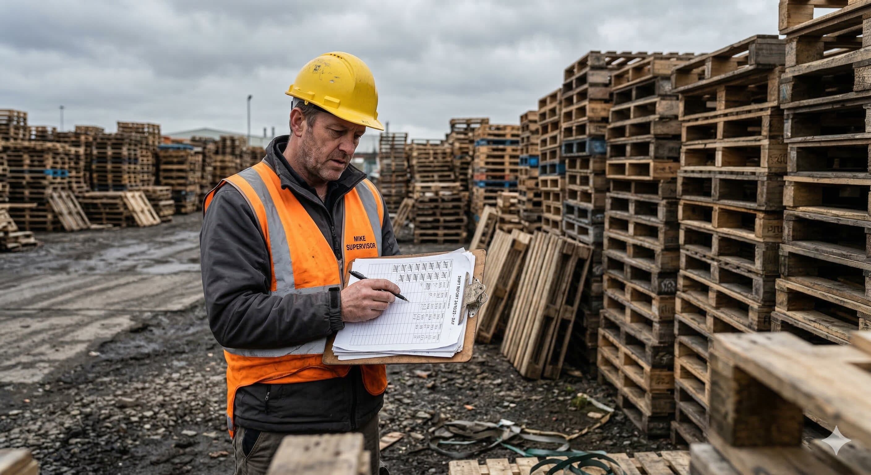 Supervisor checking clipboard counts against shift reports in a pallet yard
