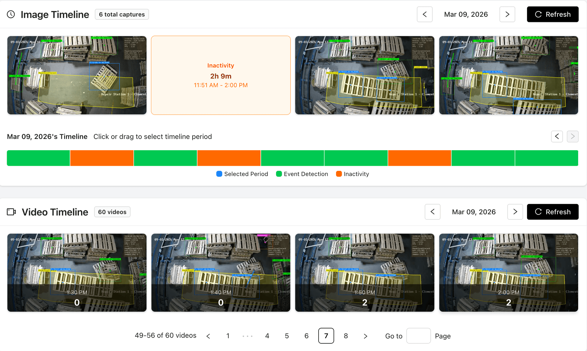 Event timeline with video playback showing detected pallet repair events